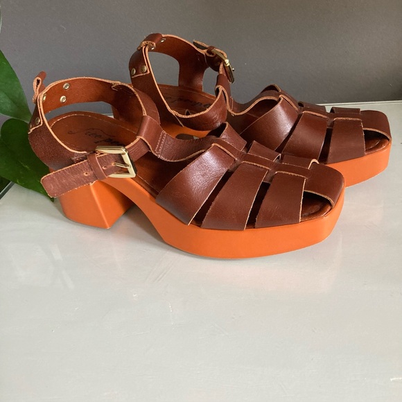 Free People Shoes - Free People Brown Leather Platform Sandals with Orange Soles